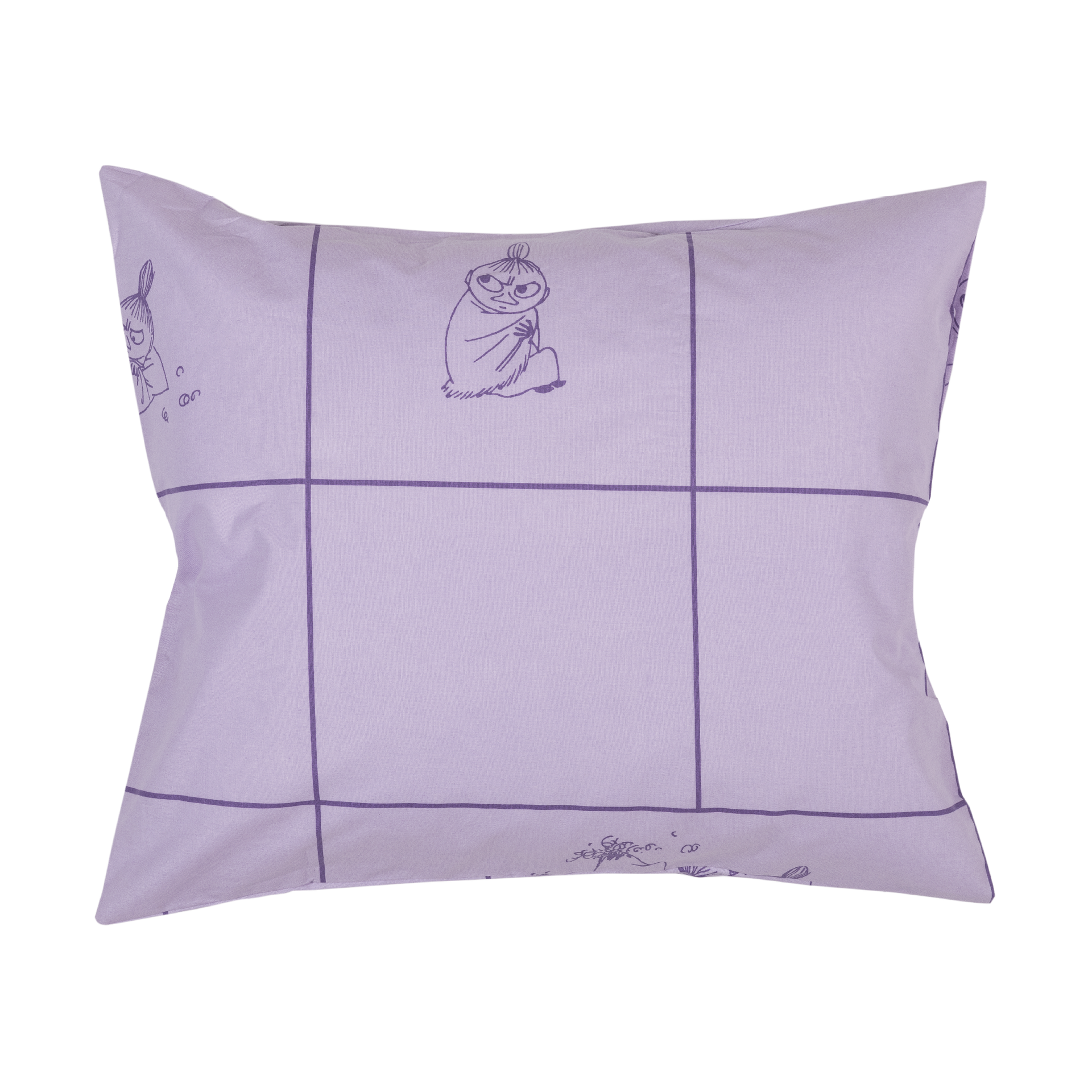 Moomin bedset 140x200cm Little My lila - A light purple pillowcase, featuring a dark purple grid pattern and small Little My illustrations, displayed on a solid white background.