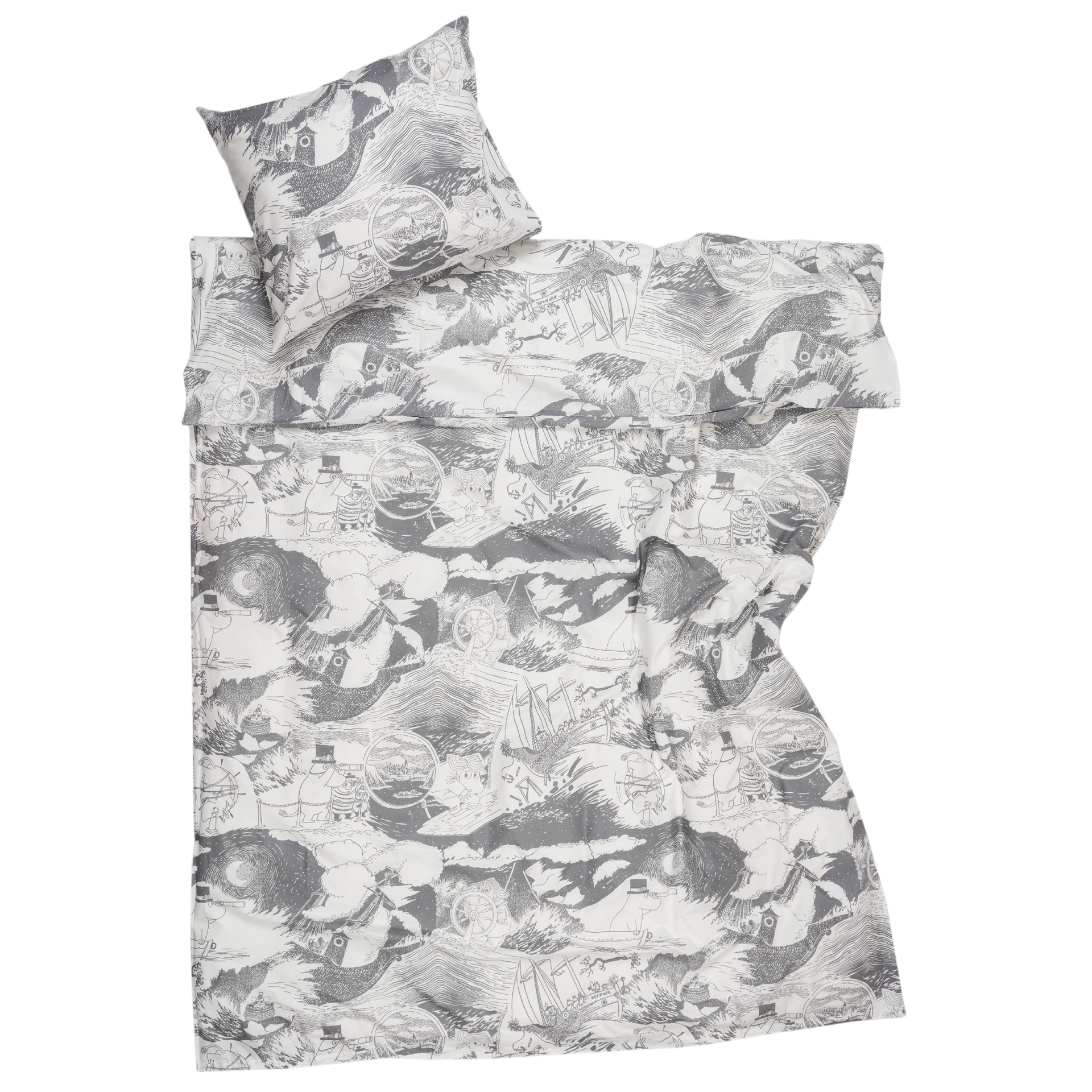 A grey bedding set featuring a duvet cover and a matching pillowcase with illustrations of Moominpappa at sea, shown on a plain white background.