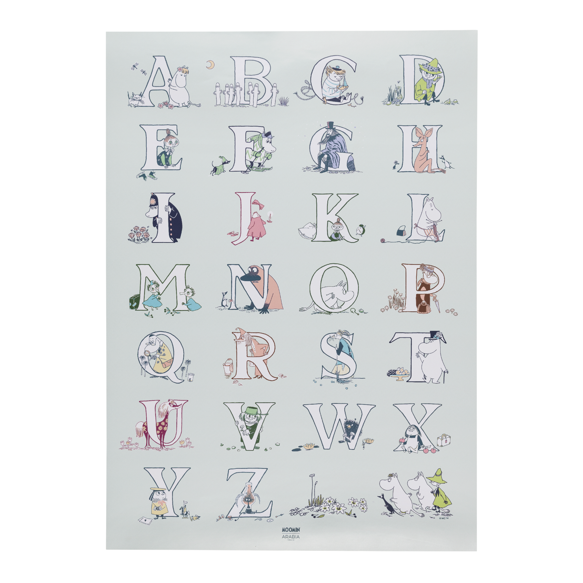 A Moomin-themed alphabet poster featuring the alphabet from A to Z, where each letter is illustrated with a Moomin character in soft pastel colors on a light green background.