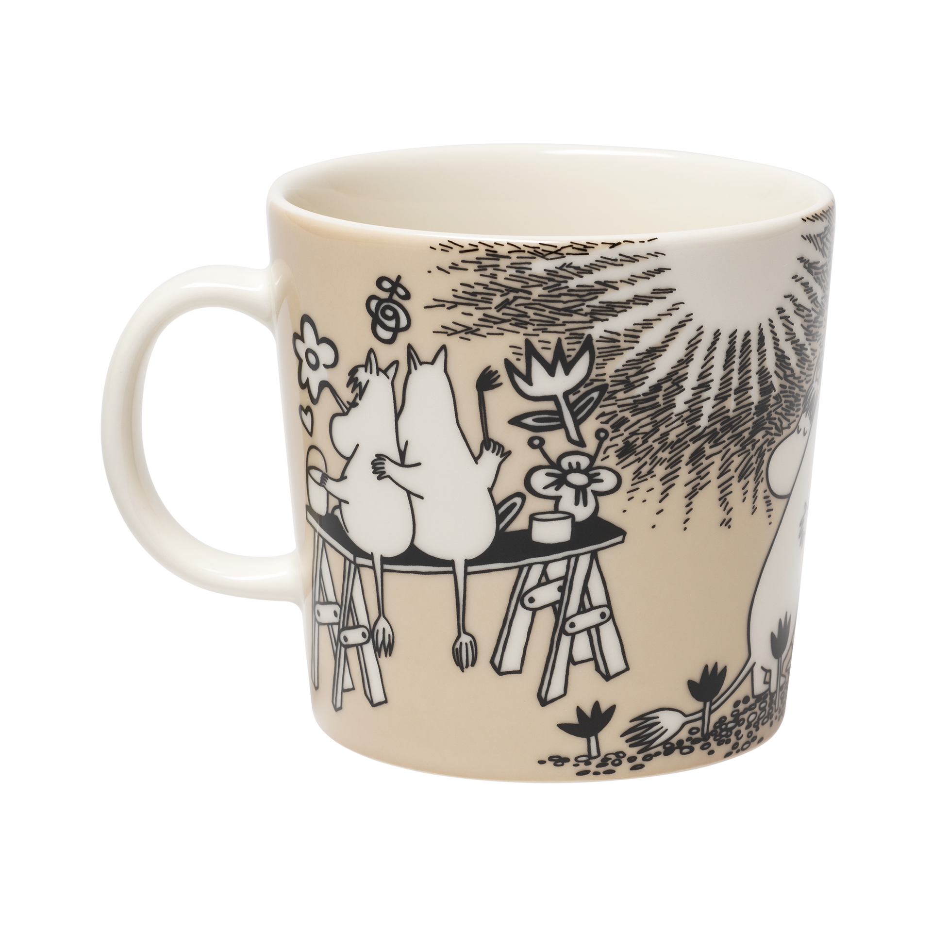 Moomin mug 0,4L Love beige - A white ceramic mug featuring a black and beige illustration of the Love mug, shown on a plain white background.