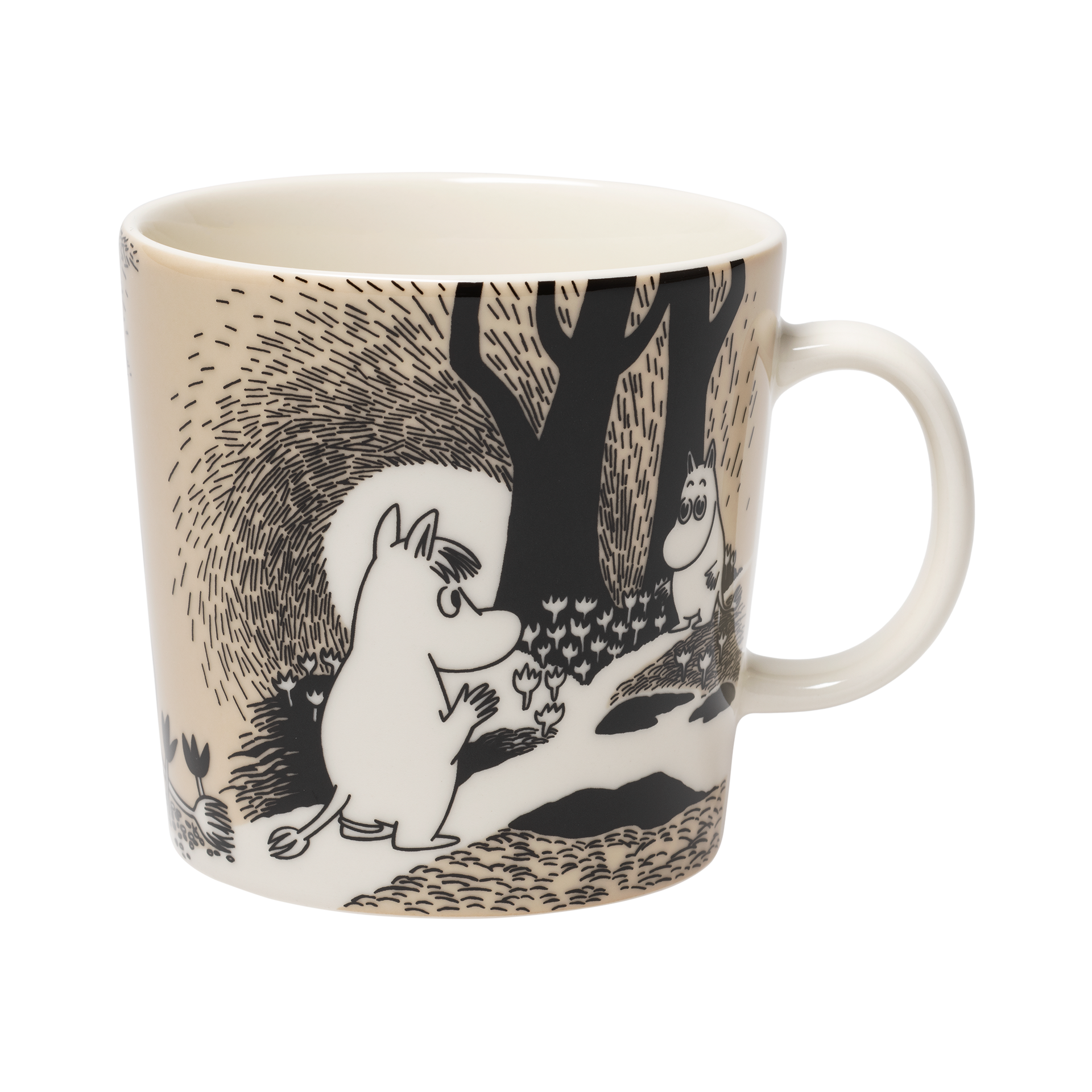 A white ceramic mug featuring a black and beige illustration of the Love mug, shown on a plain white background.