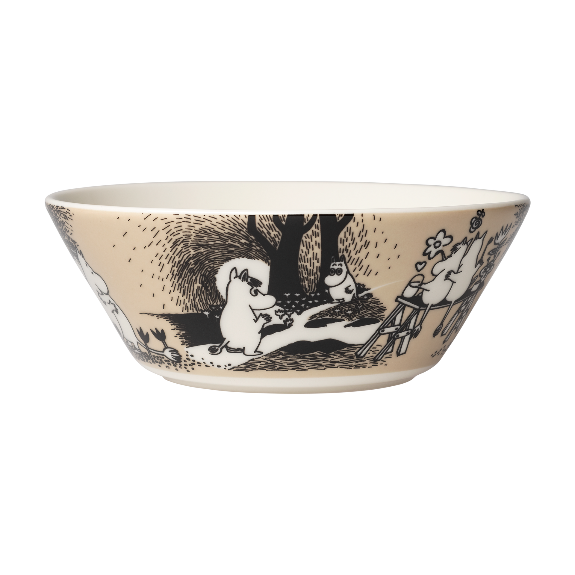 Mumin skål 15cm Kärlek beige - A ceramic bowl featuring a black and white Love illustration on a warm beige background, shown against a plain white backdrop.