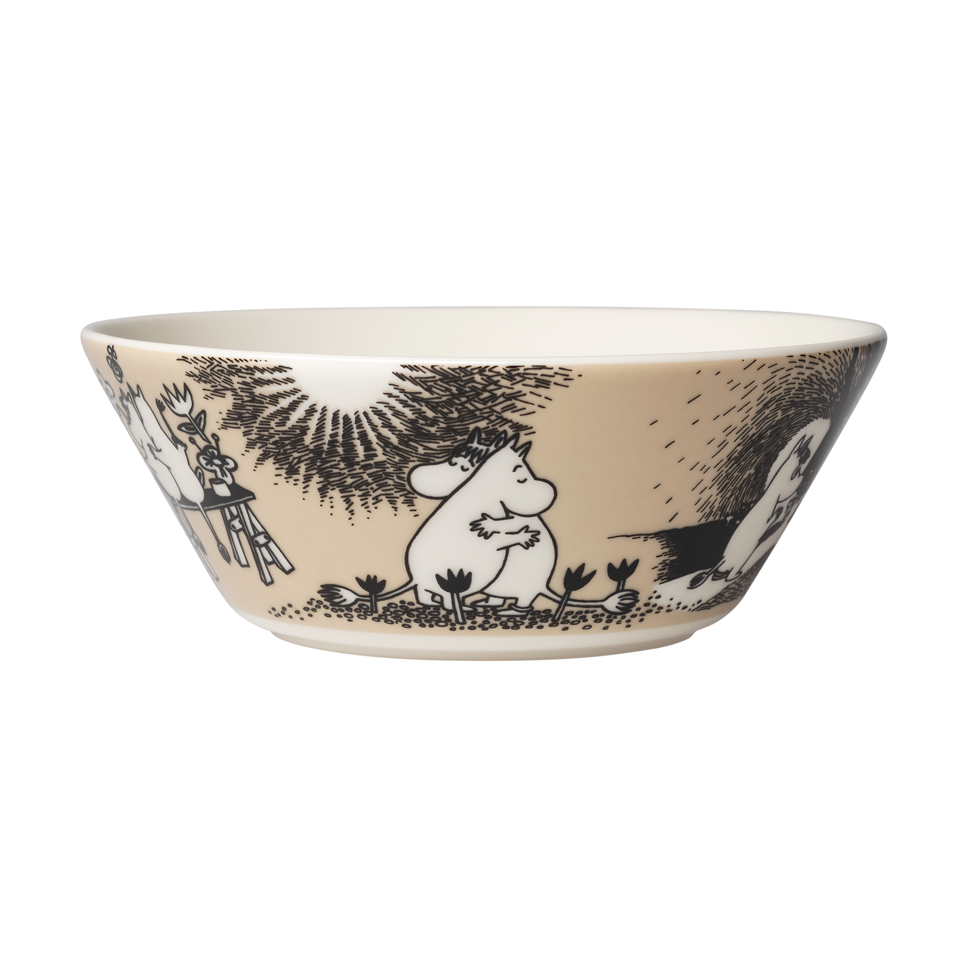 A ceramic bowl featuring a black and white Love illustration on a warm beige background, shown against a plain white backdrop.