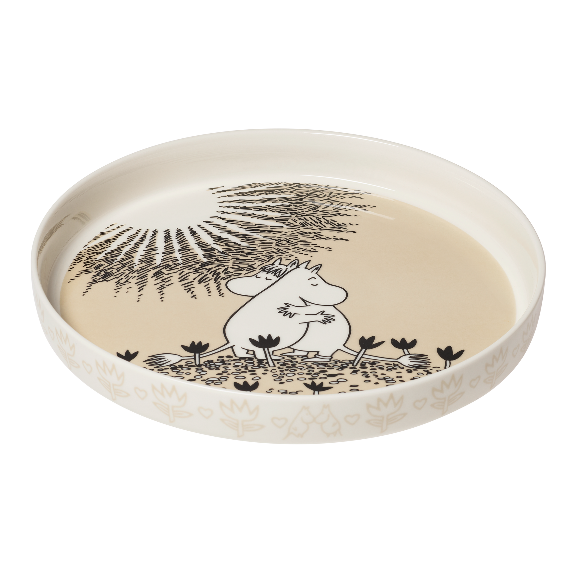 Moomin pie dish 28cm Love beige - A round ceramic pie dish featuring a black and white illustration of the Love mug on a warm beige background.
