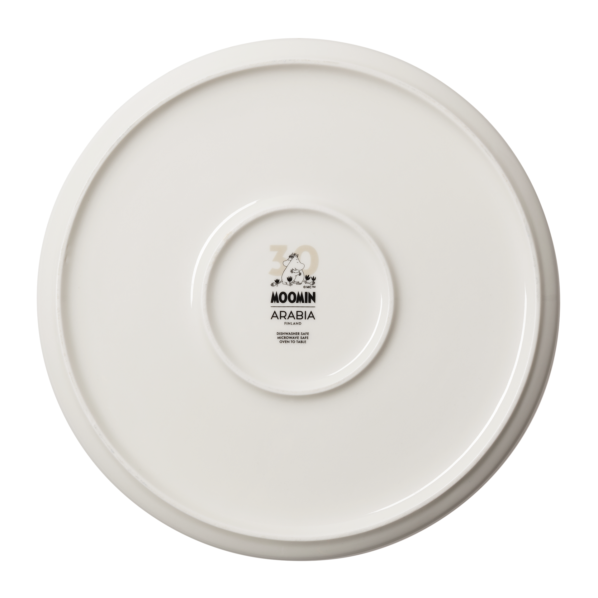 Moomin pie dish 28cm Love beige - A round white ceramic pie dish shown from the bottom side, featuring a printed '30 MOOMIN ARABIA' event logo in black and beige in the center.
