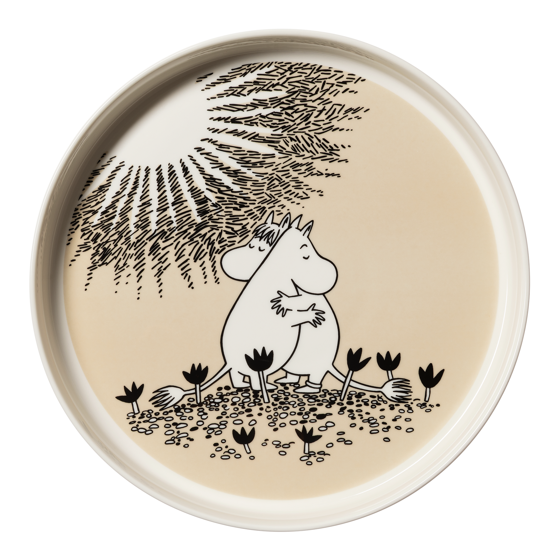 A round ceramic pie dish featuring a black and white illustration of the Love mug on a warm beige background.
