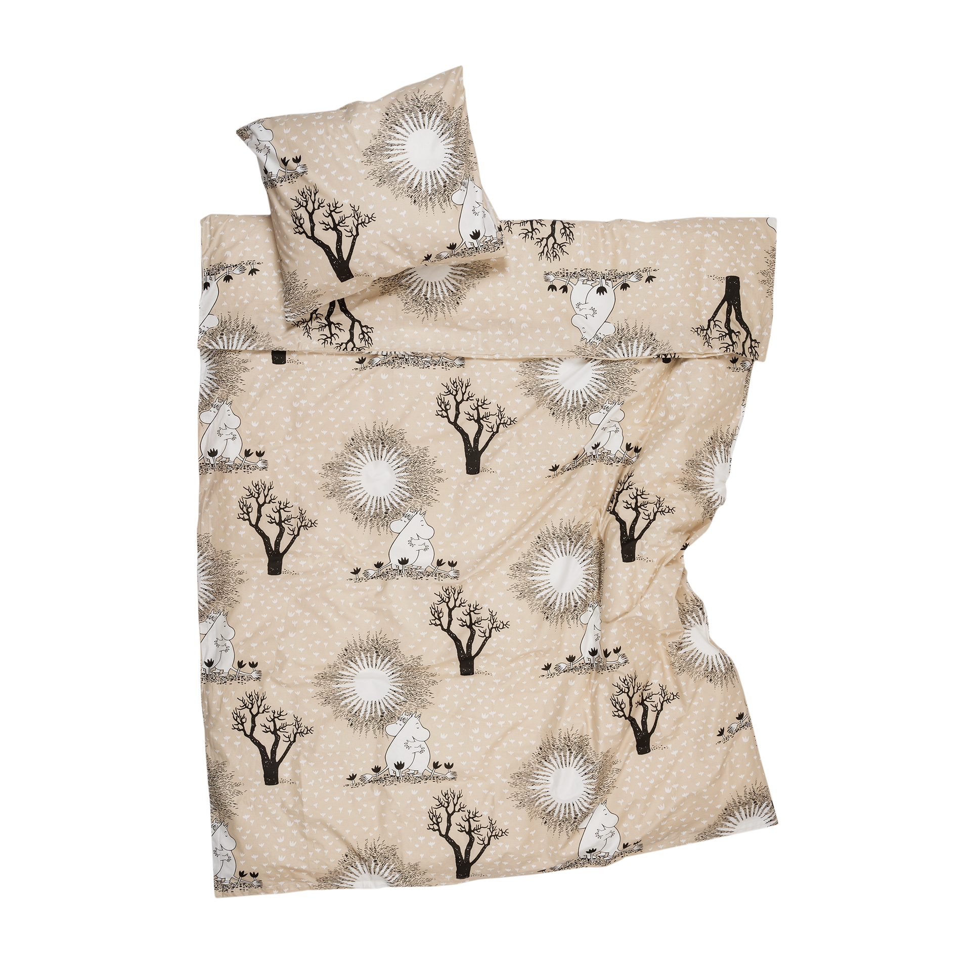 A bedding set including a duvet cover and a pillowcase, featuring the Moomintroll and Snormaiden hugging, trees, and sunbursts on a beige background.