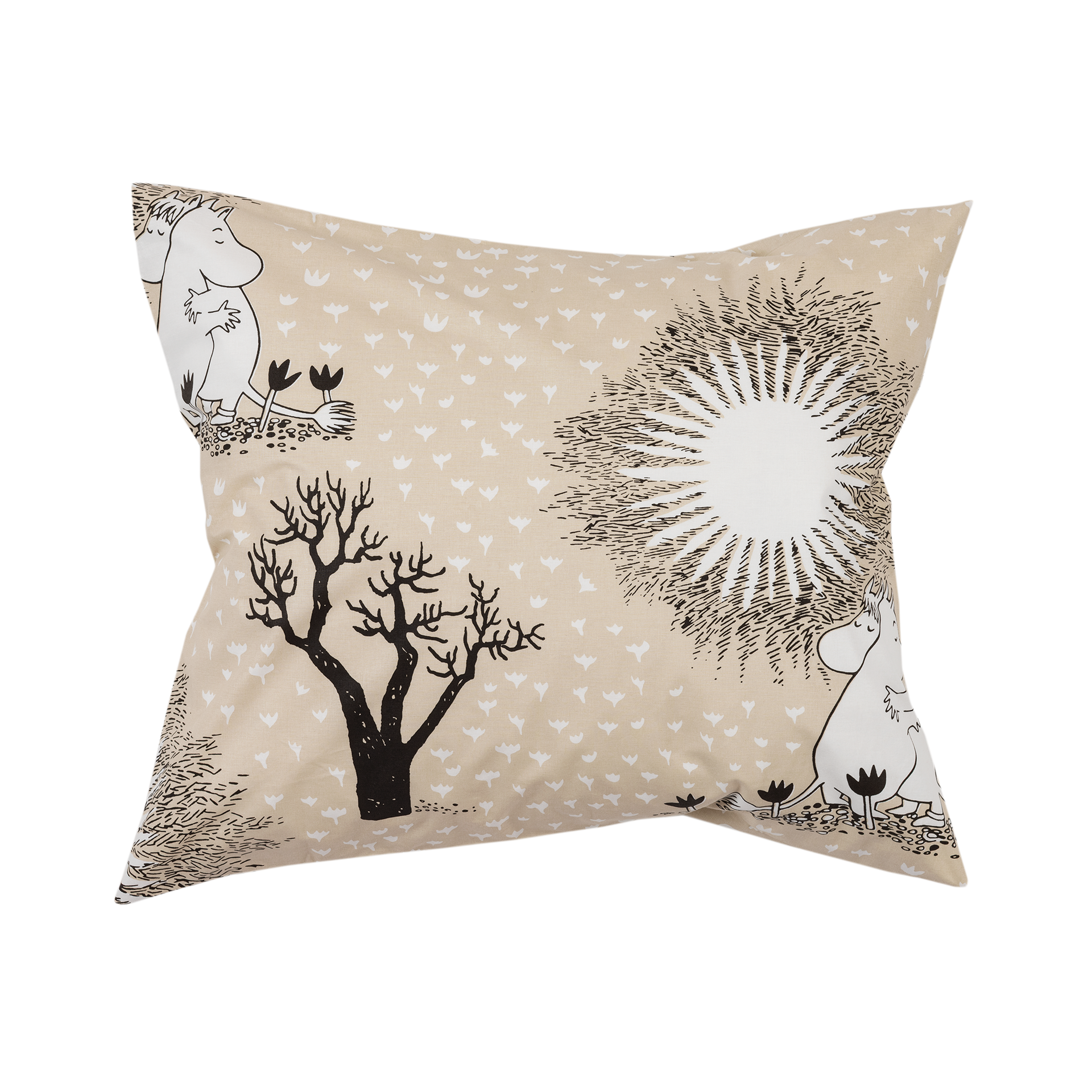 A pillowcase, featuring the Moomintroll and Snormaiden hugging, trees, and sunbursts on a beige background.