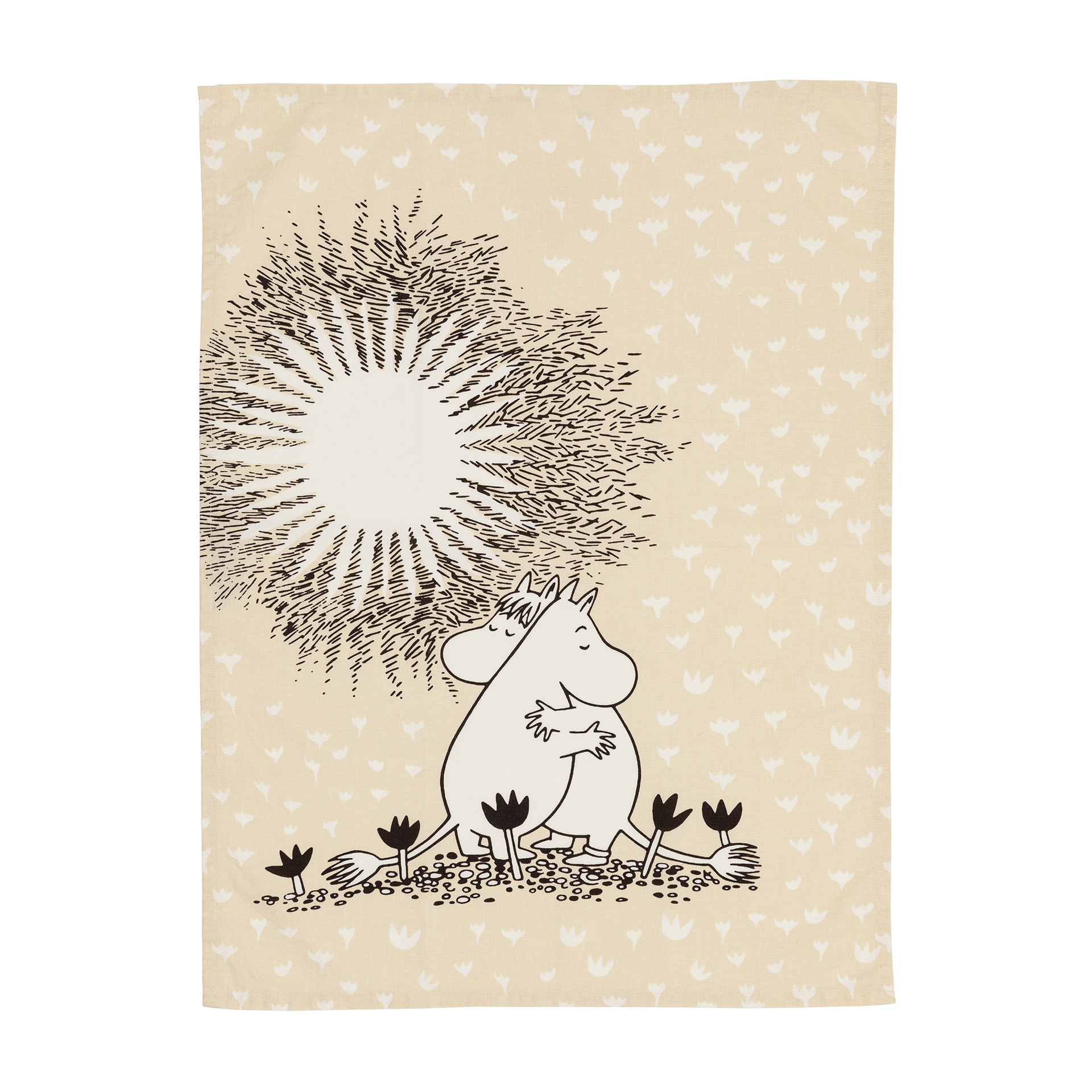 A rectangular beige-colored kitchen towel, featuring Moomintroll and Snorkmaiden. The scene shows Moomintroll and Snorkmaide hugging in a field of flowers beneath a large sunburst, with a repeating pattern of small floral motifs in the background.