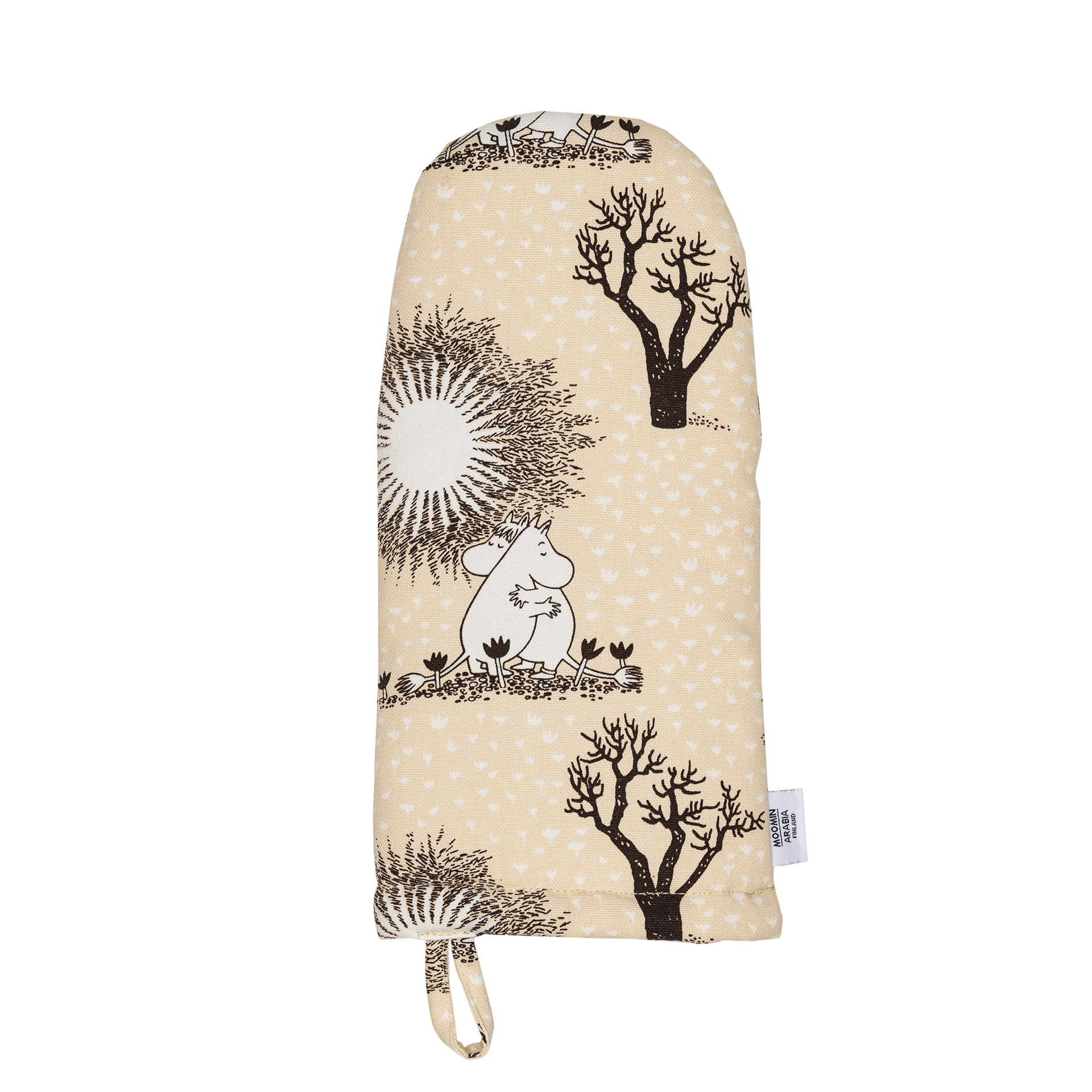 A beige oven mitten with an illutration of Moomintroll and Snorkmaiden hugging.