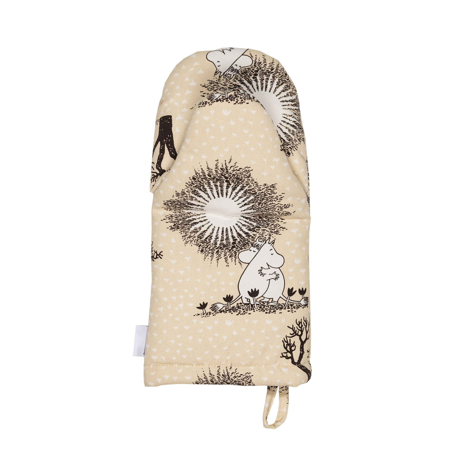 Mumin grytvante 16x32cm Kärlek beige - A beige oven mitten with an illutration of Moomintroll and Snorkmaiden hugging.