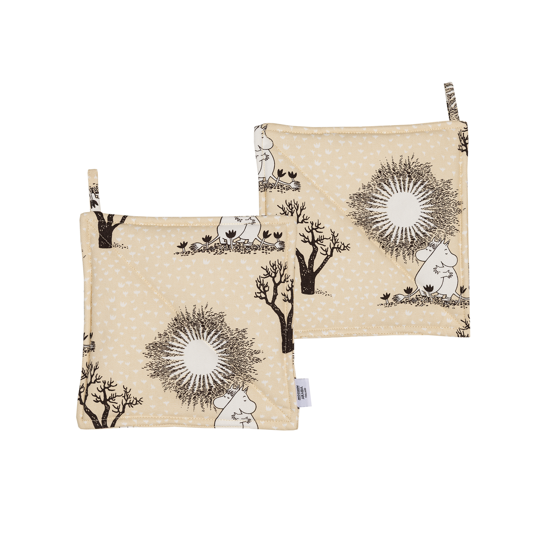 Two square beige potholders with illustrations of Moomintroll and Snorkmaiden hugging.