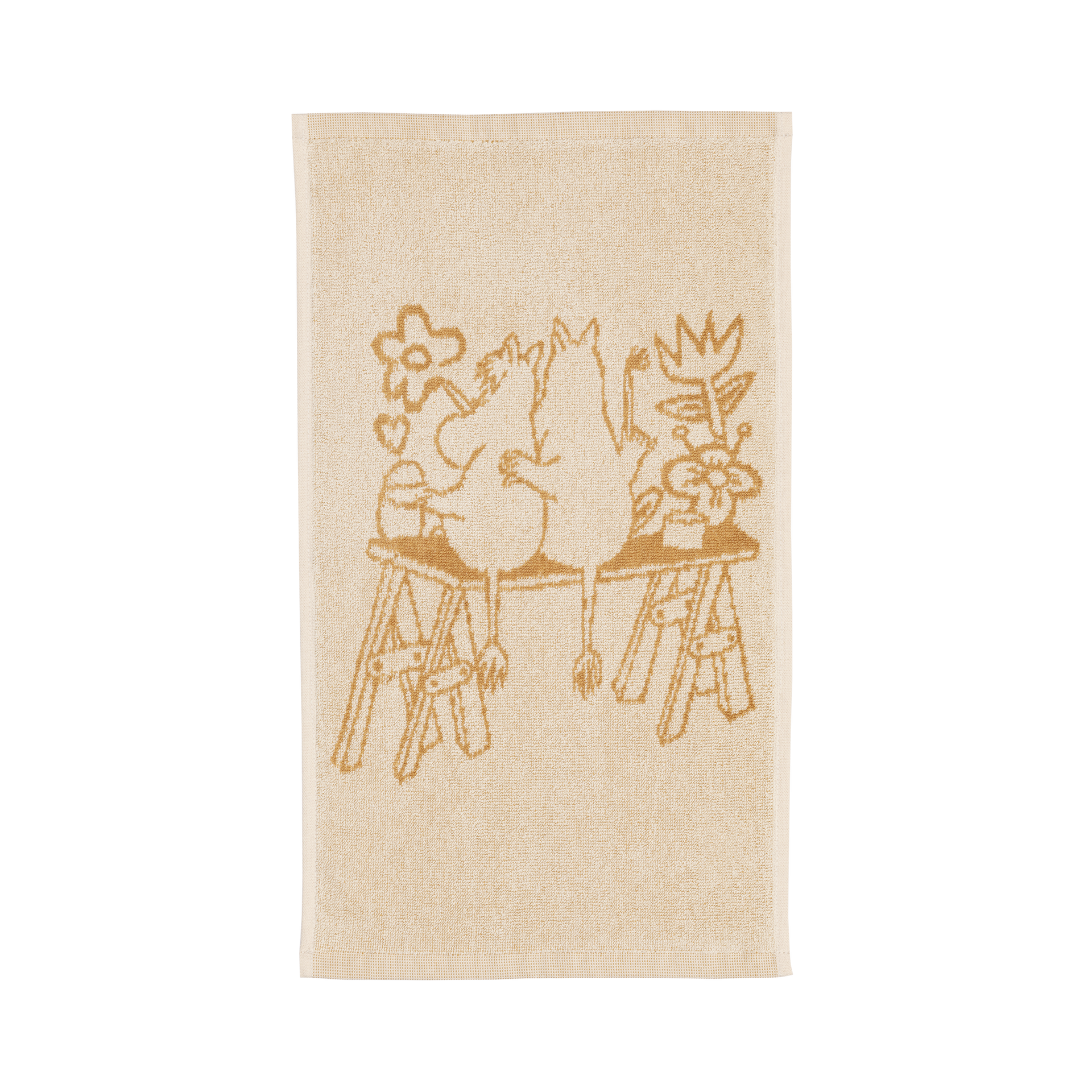 A beige hand towel featuring an illustration of Snorkmaiden and Moomintroll painting flowers on the wall together.