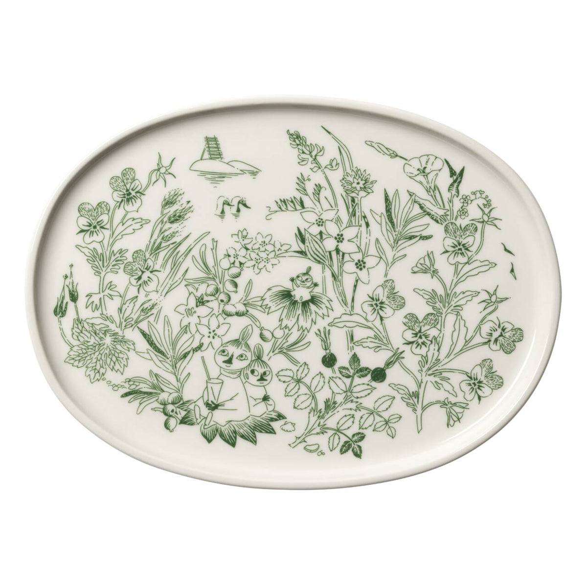 An oval white ceramic serving platter decorated with a detailed green botanical illustration featuring wildflowers, leaves, and Moomin characters.