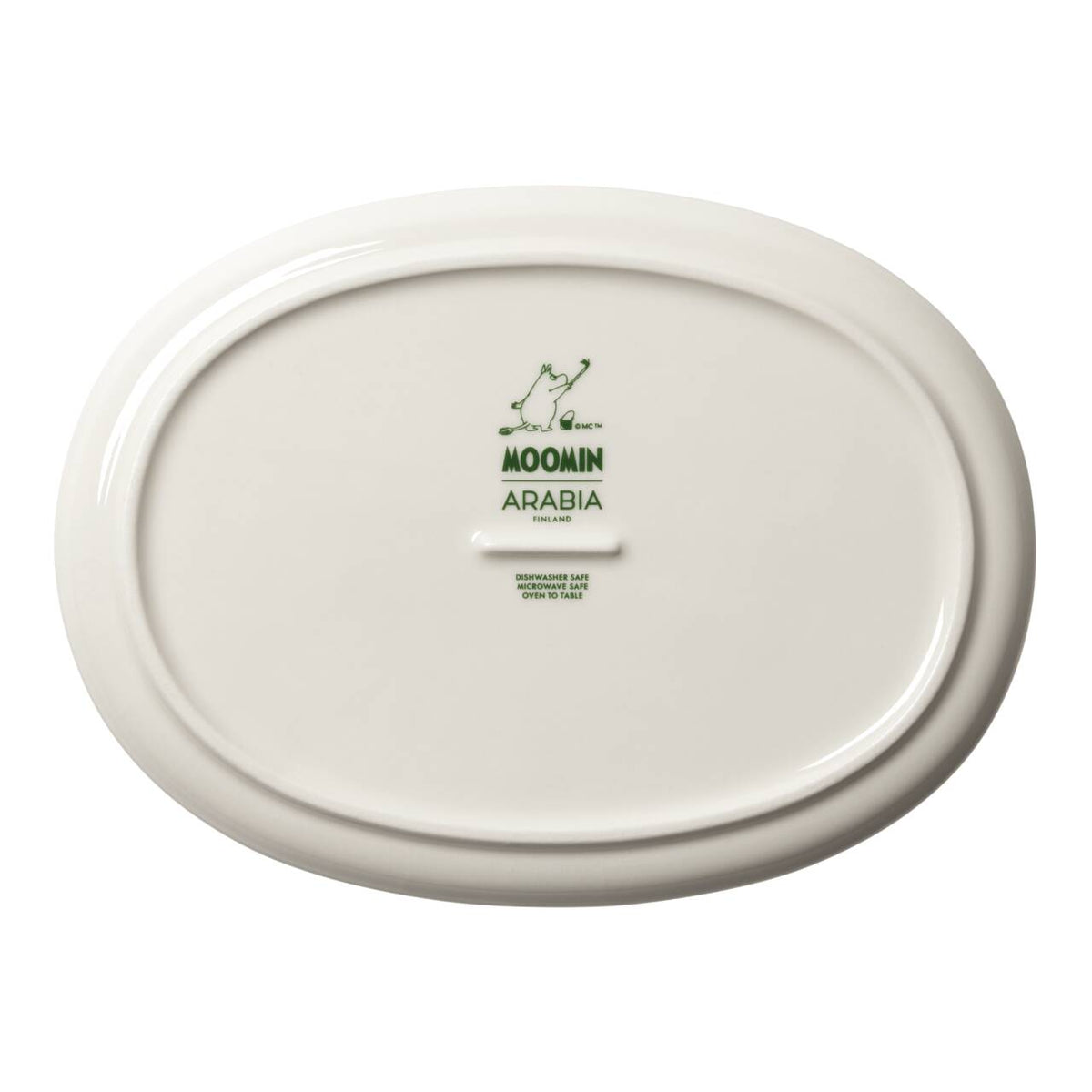 Mumin tallrik oval 16cm Haru grön - An oval-shaped ceramic plate shown from the back, featuring a green printed logo for 'Moomin Arabia' in the center against a clean white background.
