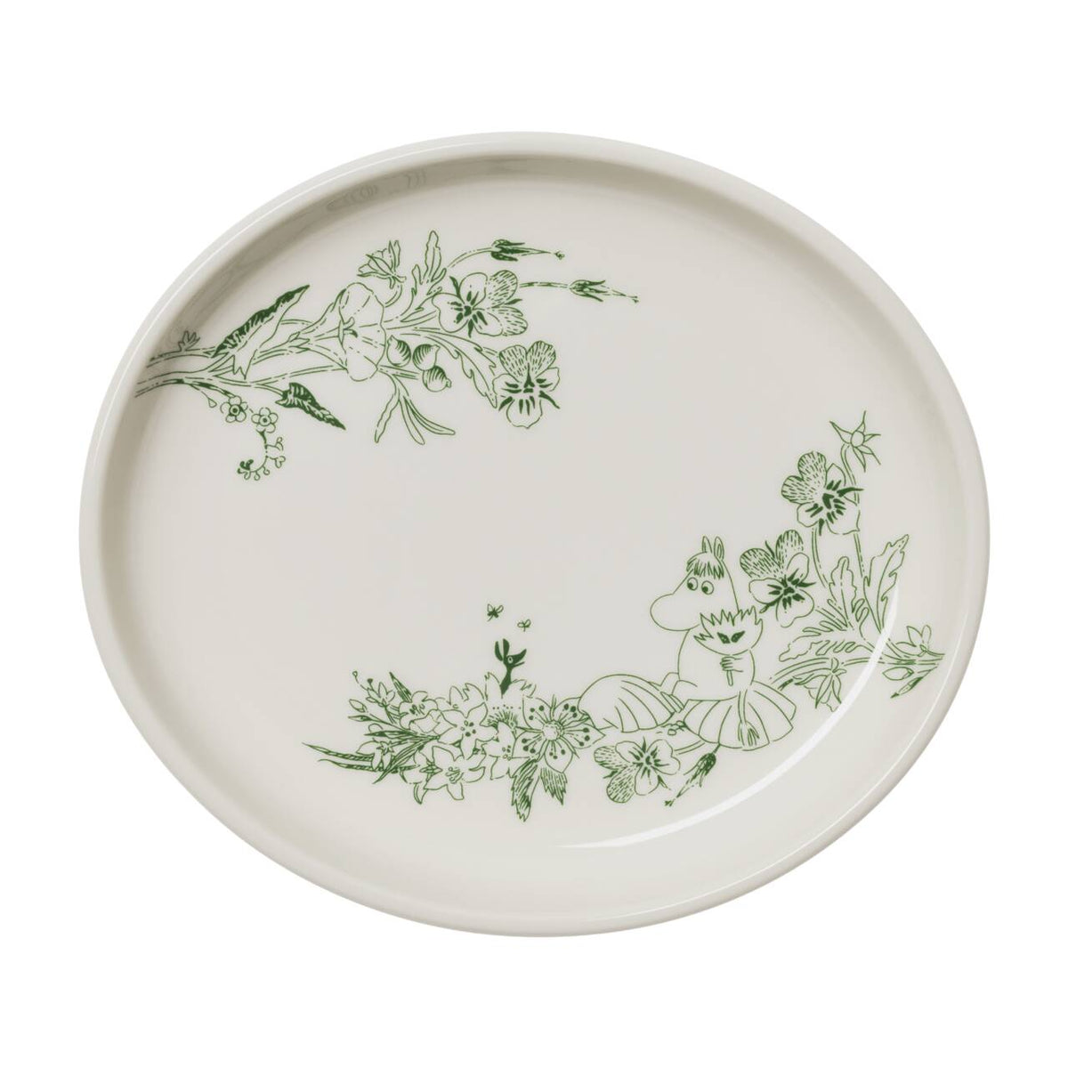 An oval white ceramic serving plate featuring green illustrated botanical and Moomin character motifs, shown against a plain white background.