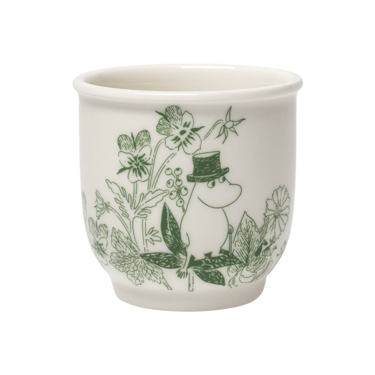 Mumin temugg 26cl Haru grön - A white ceramic tea mug featuring a green printed illustration of Moominpappa surrounded by flowers and leaves.