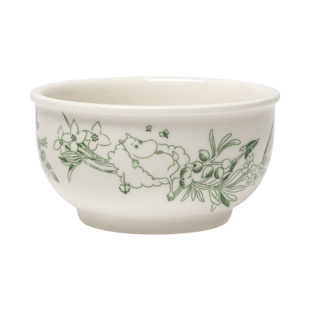 An off-white ceramic bowl featuring a green line-art botanical pattern, including Moomintroll, flowers and leaves shown against a plain white background.