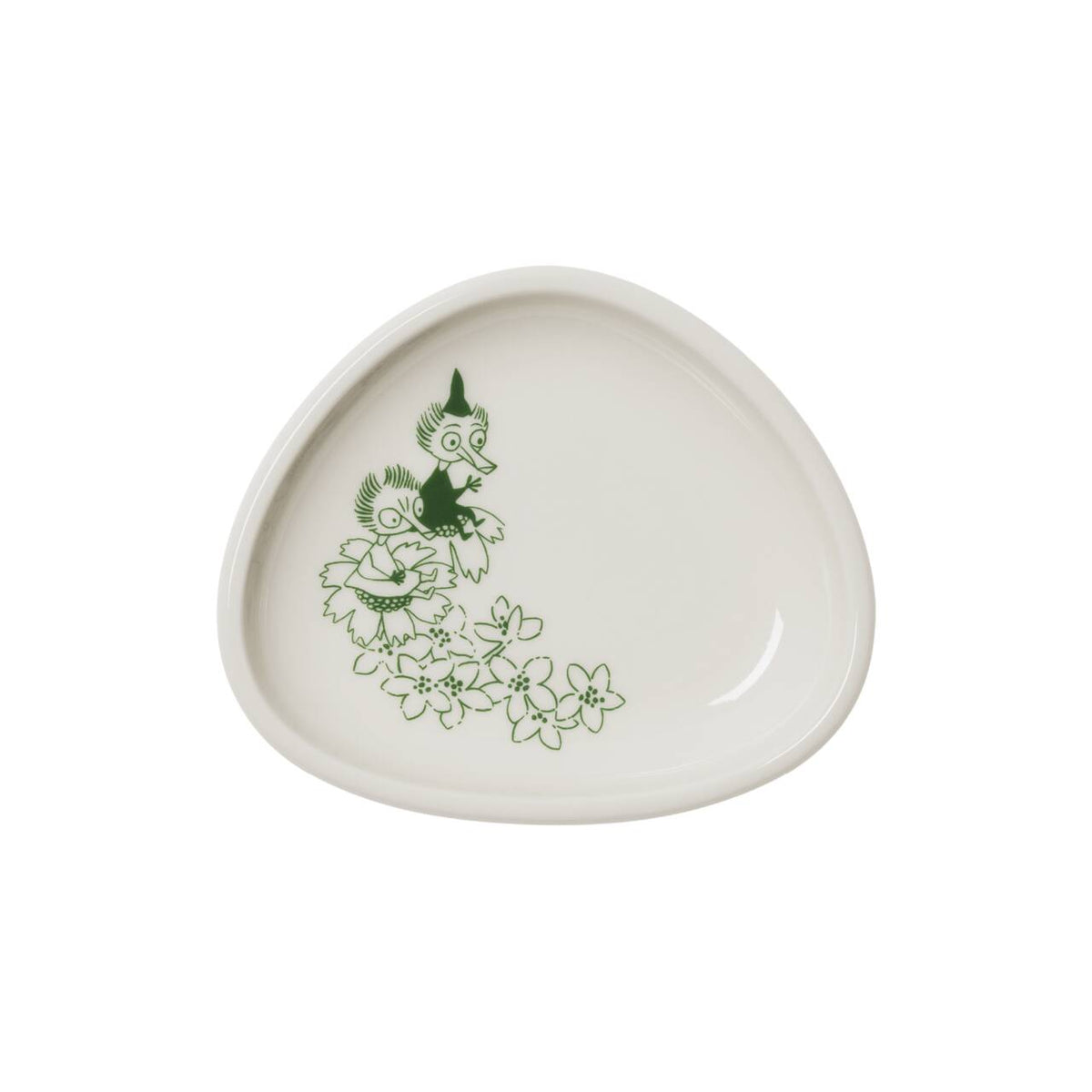 An off-white ceramic mini dipping bowl featuring a green line-art illustration of a Thingummy and Bob perched on flowers, set against a plain white background.