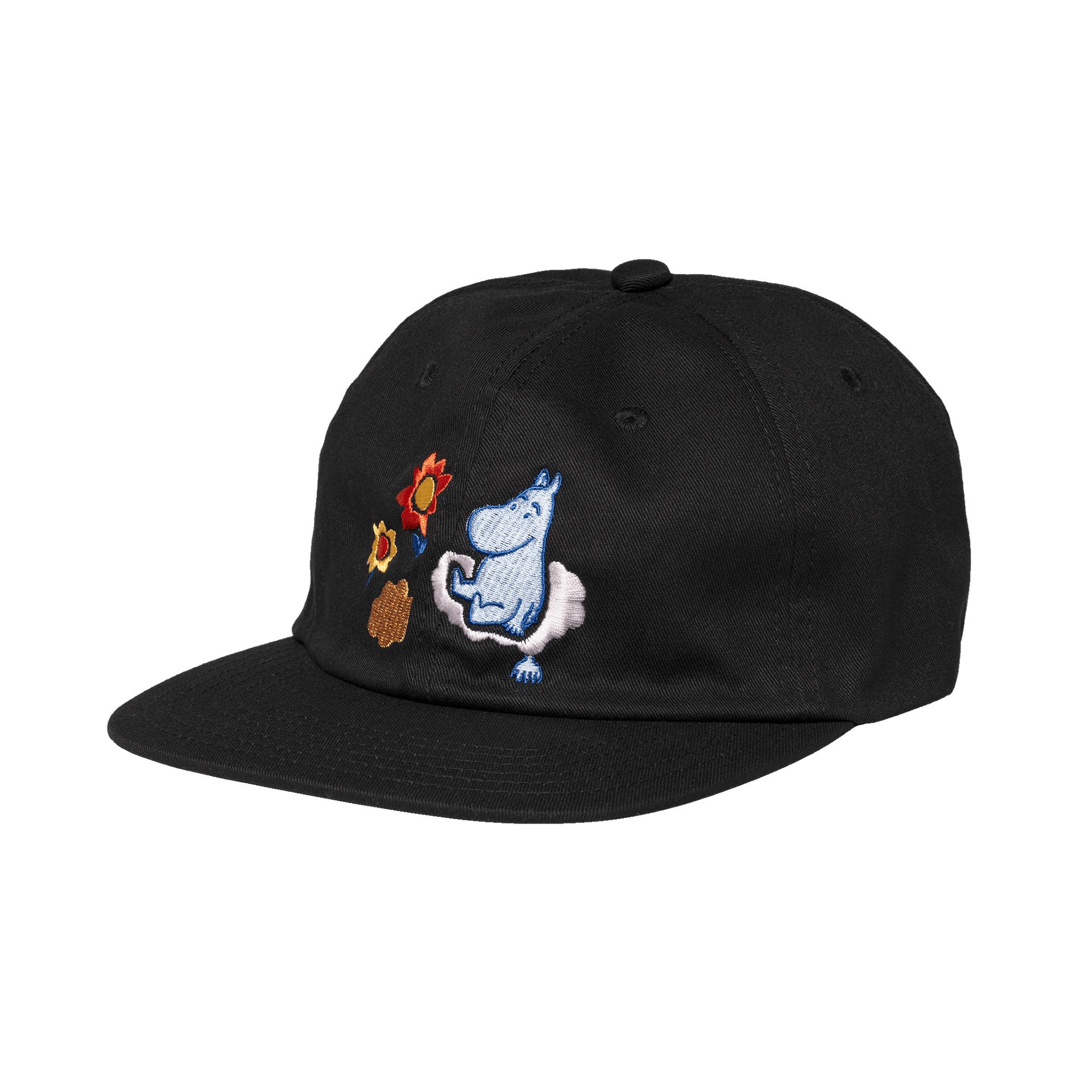 Black cap with embroidered Moomintroll design on a white background