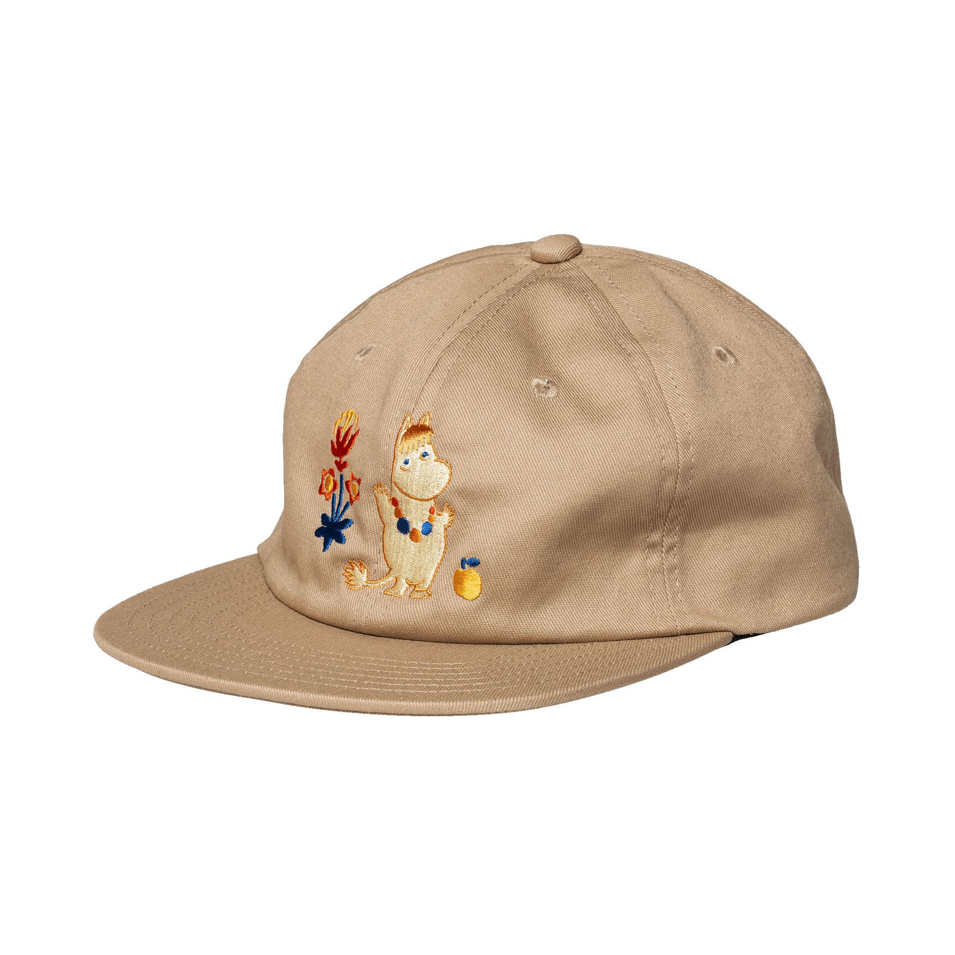 Beige cap with embroidered Snorkamiden design on a white background
