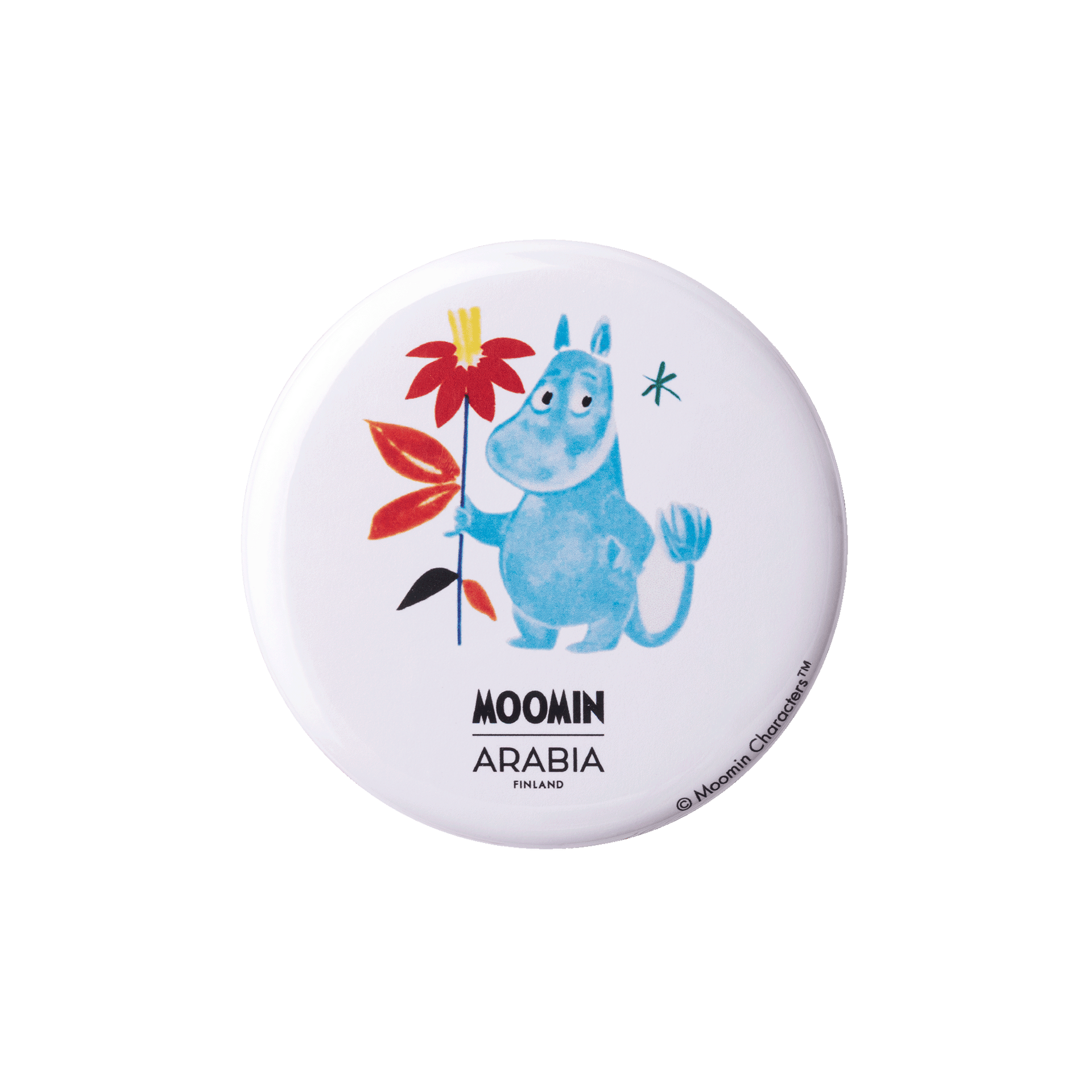Mummi pinssett Beams - Round white badge with Moomintroll and flowers on a white background