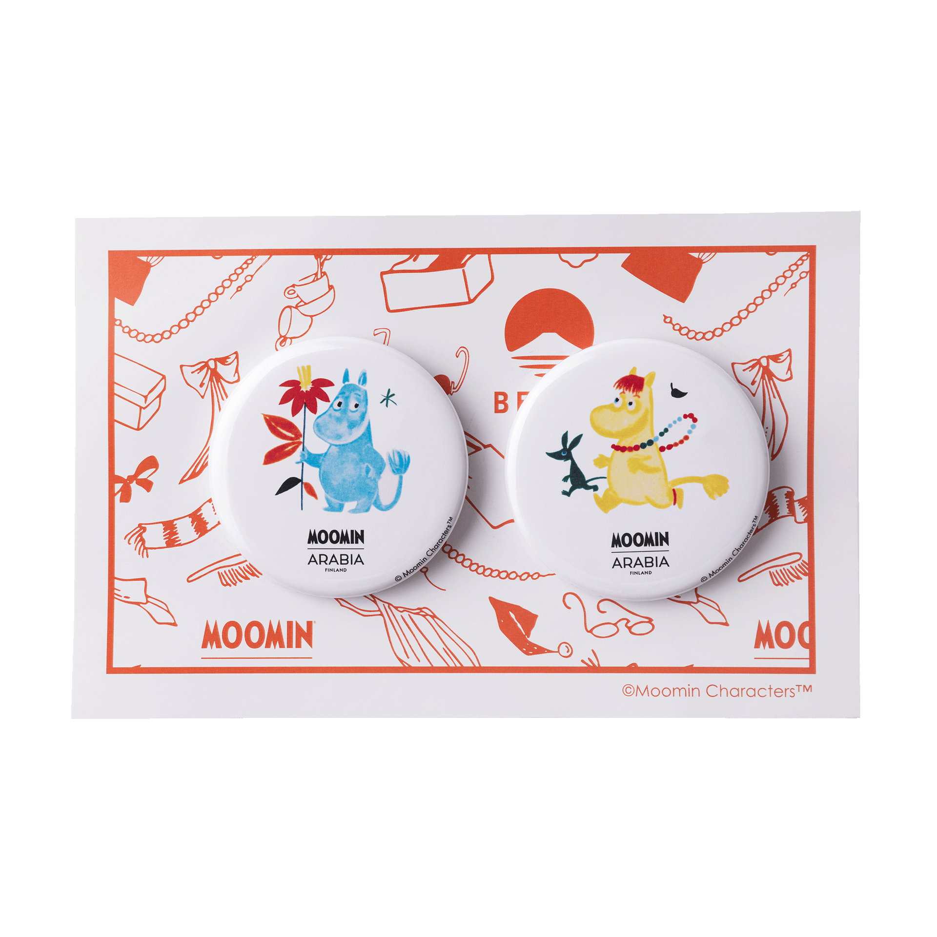 Two Moomin character badges on a branded card with Moomin branding.