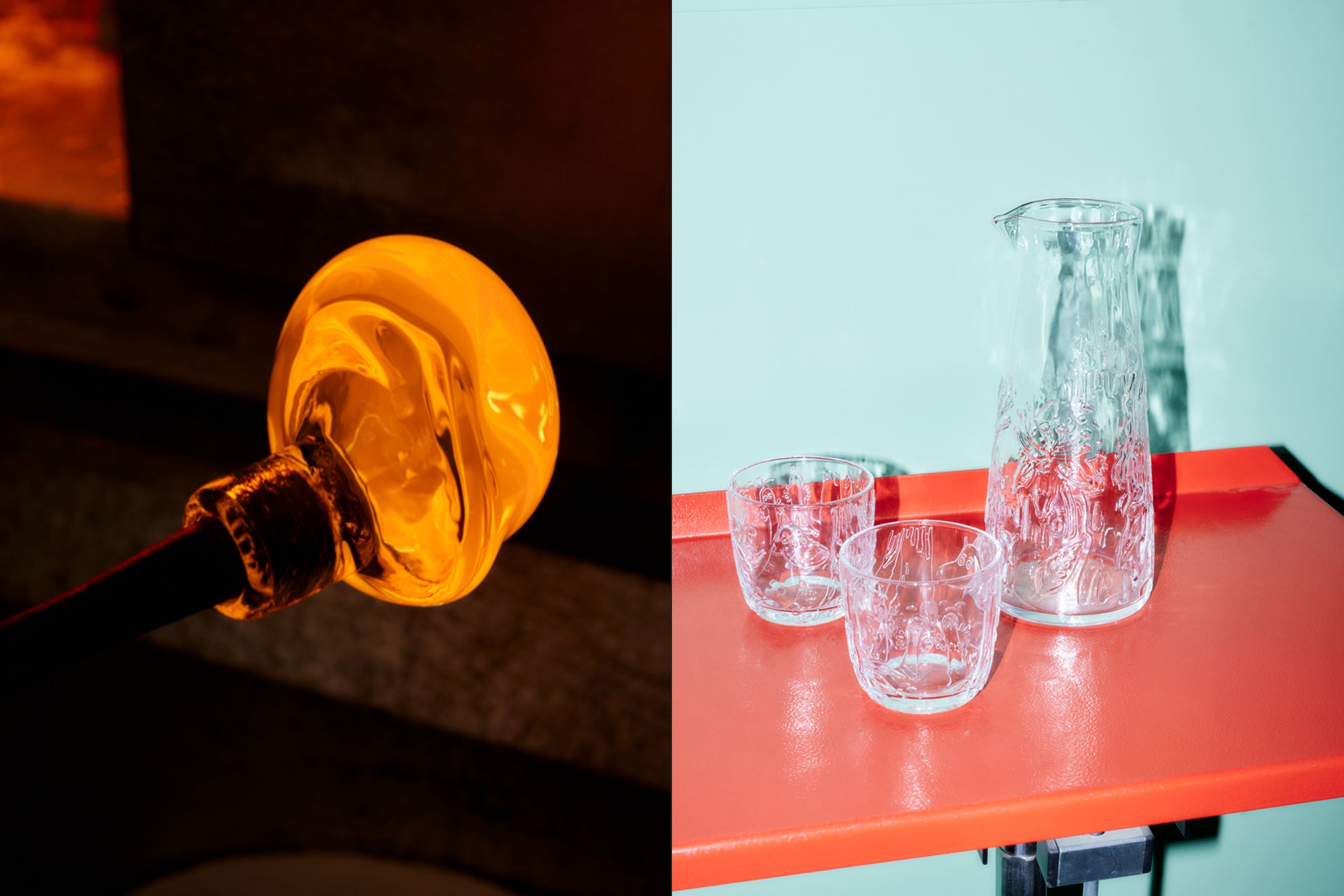 Glass blowing process with a glowing glass object on the left and clear Mystical forest -glassware on a red surface on the right.