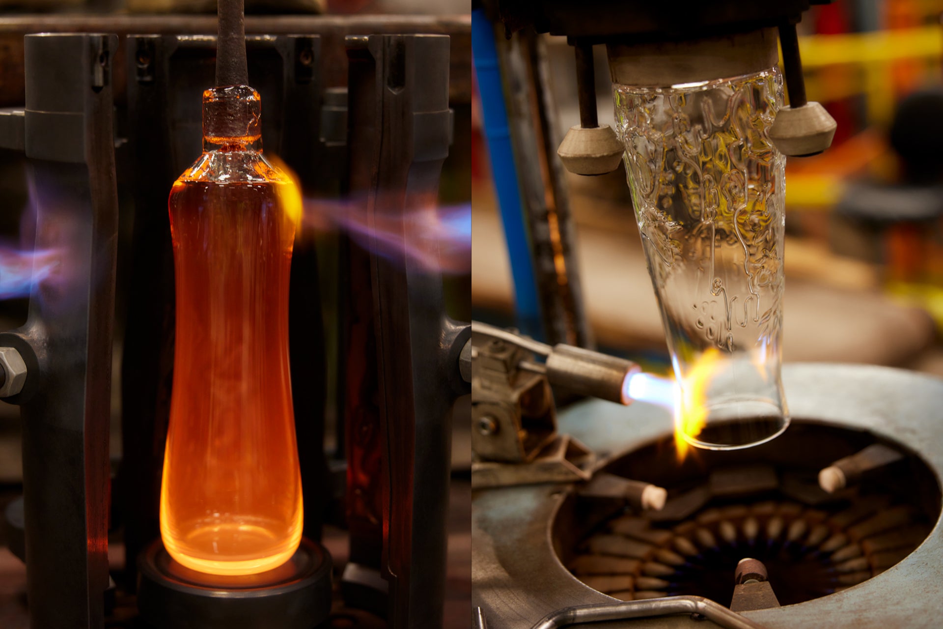 Glassblowing process with molten glass in a furnace