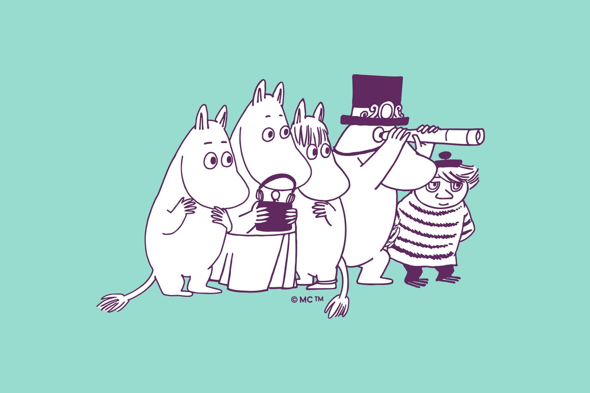 Moomin characters' Moomin Family and Too-ticky on a teal background