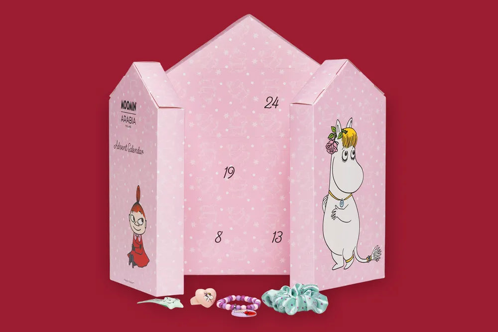 Pink advent calendar with Snorkmaiden and Little My characters on a red background
