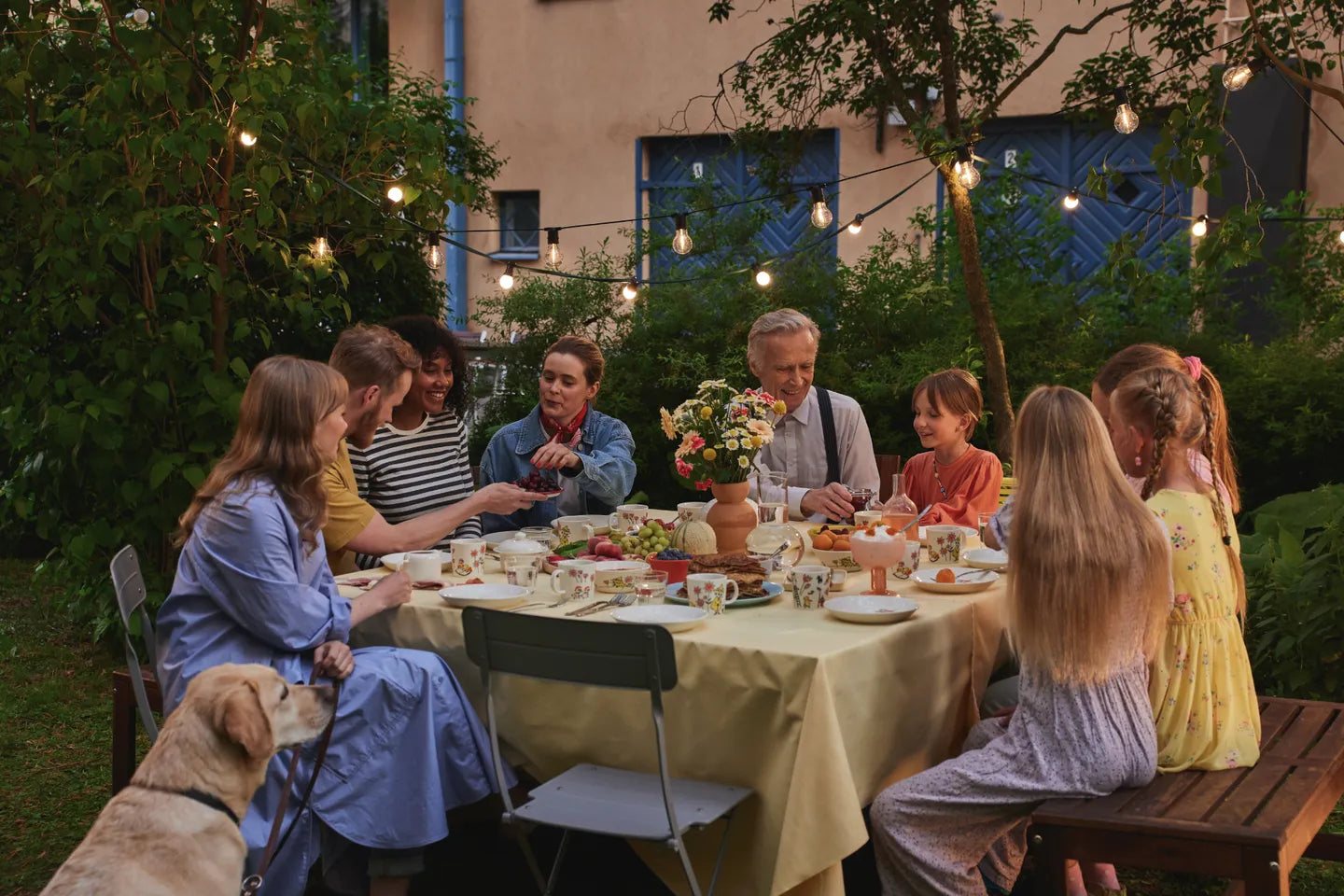Family gathering around a dinner table in a garden with string lights and a dog present.